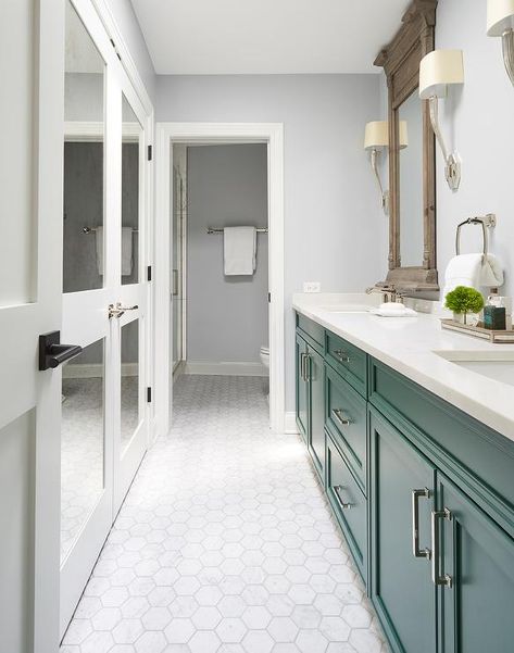 Green Shower Tile, White Marble Sink, Herringbone Tile Backsplash, Dark Green Bathrooms, Bathroom Decor Pictures, Green Subway Tile, Light Green Walls, White Molding, Bright Bathroom