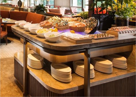 Restaurant Buffet Table Design, Buffet Table Restaurant, Buffet Counter Design, Buffet Counter, Buffet Stations, Buffet Furniture, Restaurant Station, Lobby Hotel, Hotel Buffet