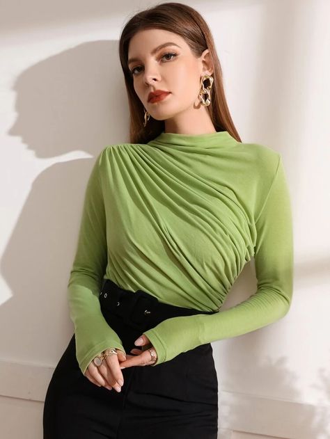 Mock Neck Ruched Tee | SHEIN USA Lime Green Outfits, Green Outfit, Women T Shirts, Shein Tops, Work Attire, Classy Outfits, Online Clothing, Lime Green, Mock Neck