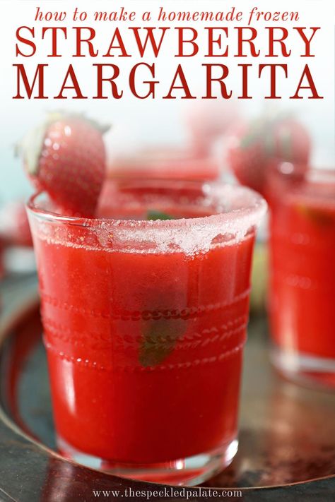 Frozen Strawberry Margaritas are so simple to make at home! Learn how to make a frozen strawberry margarita. This easy mixed drink makes 2 servings but can be made for a crowd, too. #EasyEntertaining #SpeckledPalate Batch Margarita Recipe, Blended Margarita Recipe, Strawberry Margaritas, Frozen Strawberry Margarita, Strawberry Margarita Recipe, Easy Mixed Drinks, Homemade Margaritas, Happy Hour Food, Fresh Strawberry Recipes