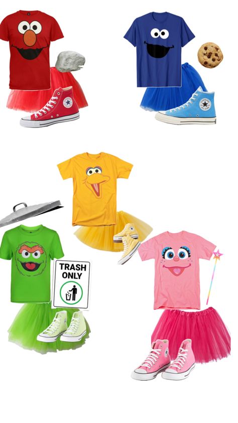 elmo ❤️ cookie monster 💙 big bird 💛 oscar the grouch 💚 abby 💗 Elmo Big Bird Cookie Monster Costume, Trio Elmo Costume, Halloween Cookie Monster Costume, Group Costumes Ideas For 4, Hollowed Costumes For A Group Of 4, Sesame Street Zoe Costume, Seaseme Street Costume, Sesame Street Costumes Group, Elmo Halloween Costume Group