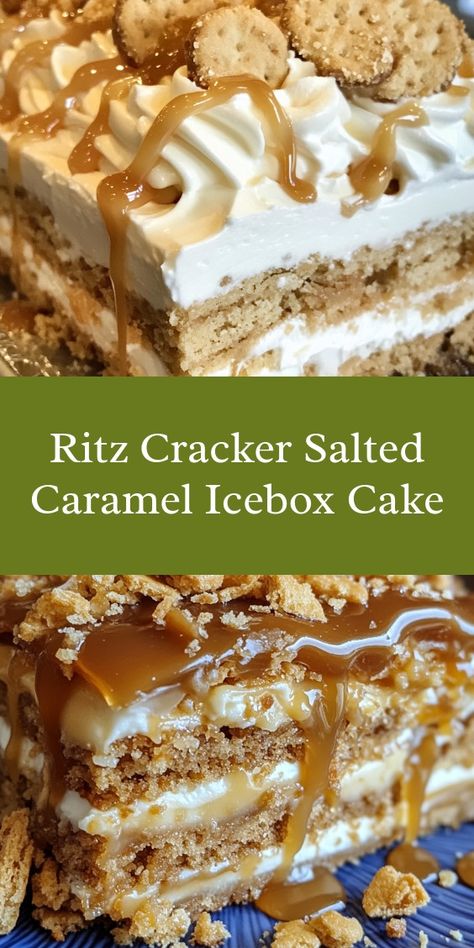 As I layered the Ritz cracker salted caramel icebox cake, memories of family gatherings flooded my mind. Laughter echoed in the kitchen, my partner's smile brightened the room, and the sweet aroma filled our home on that sunny Saturday afternoon. Ritz Cracker Icebox Cake, Ritz Cracker Salted Caramel Icebox Cake, Ritz Cracker Recipes Dessert, Caramel Icebox Cake, Ritz Cracker Dessert, 3 Ingredient Cheesecake, Cracker Cake, 2 Ingredient Fudge, Icebox Cake Recipes