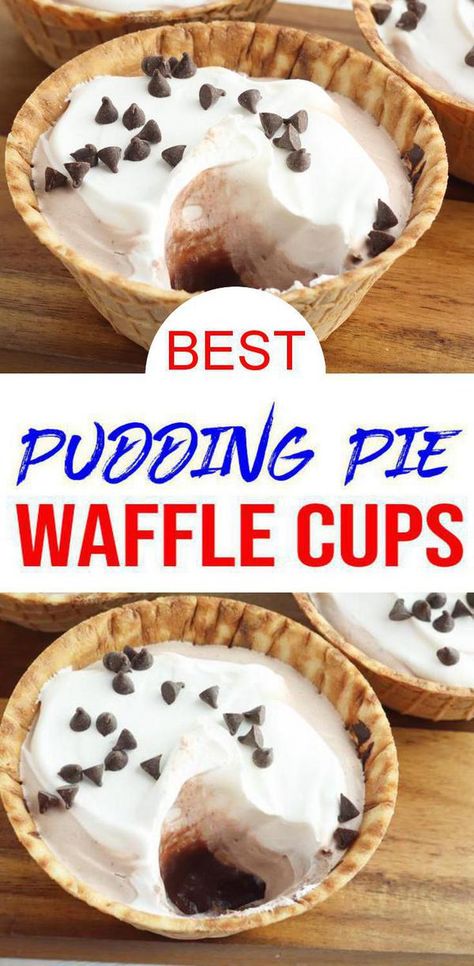 chocolate pudding pie waffle cups for kids birthday parties, baby showers, desserts or snacks Waffle Bowl Desserts, Quick Chocolate Pudding, Waffle Bowl Recipe, Waffle Cups, No Bake Food, Cone Treats, Chocolate Pudding Pie, Easy Chocolate Pudding, Cone Dessert