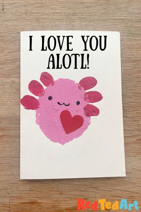 Easy Potato Print Axolotl Cards for Kids to Make - Red Ted Art - Kids Crafts Valentines Day Card Kids Craft, Diy Axolotl Crafts, Axolotl Art Project, Axolotl Crafts For Kids, Letters Of Love Cards For Kids, Axolotl Valentine Cards, Axolotl Cricut, Potato Print, Party Streamers