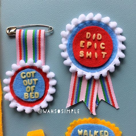 WahSoSimple Singapore | There are some days when I feel so drained that I do not want to get out of bed at all. Back-to-back zoom meetings, prepping kids for exams… | Instagram Embroidery Badges, Ribbon Badge Diy, Felt Badges Diy, Award Ribbons, Sew On Badges, Embroidered Badges, Typography Love, Crafts For Seniors, Craft Time