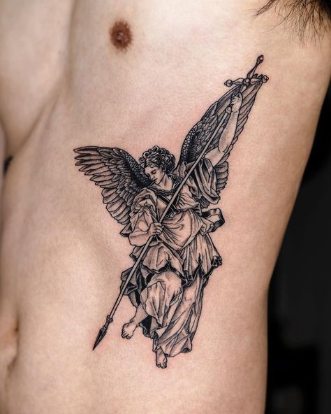 Arch Angel Micheal Tattoo, Angel Rib Tattoo Men, Greek God Angel Tattoo, Angel Greek Tattoo, Michael The Angel Tattoo, Arc Angle Michael Tattoo, Raphael Angel Tattoo, Arch Angel Michael Tattoo Design, Arch Angel Raphael Tattoo