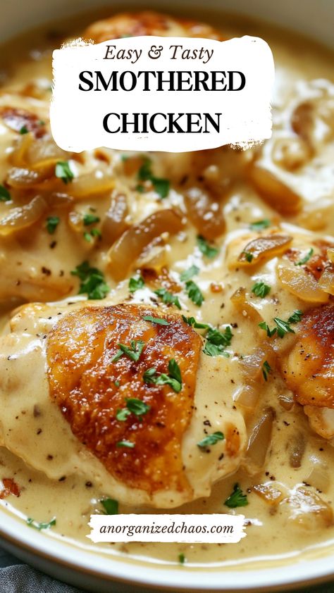 Smothered Chicken Chicken And Gravy Oven Baked, Chicken Cream Of Mushroom Soup Recipes, Smothered Crockpot Chicken, Southern Smothered Chicken Recipes, Chicken Thigh Recipes With Mushrooms, Chicken Recipes With Gravy, Smothered Chicken And Rice Recipes, Smothered Chicken With Cream Of Chicken, Mushroom Gravy For Chicken