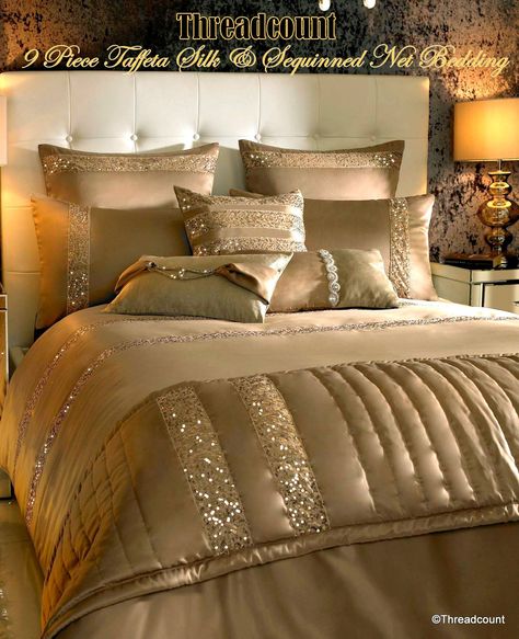 Designer Bed Sheets, Gold Bedroom, Dreamy Bedrooms, Elegant Bedroom, Bed Linens Luxury, Gray Bedroom, Beautiful Bedding, Beautiful Bedrooms, Bedroom Bed