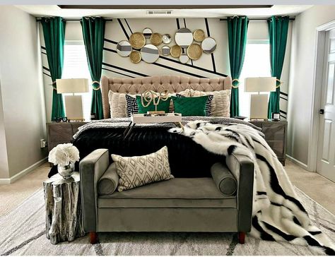 Green And Silver Bedroom Decor, Grey White And Emerald Green Bedroom, Bedroom Ideas With Emerald Green, Emerald Green And Gold Room Decor, Green White Gold Bedroom Ideas, Emerald Glam Bedroom, Master Bedrooms Decor Emerald Green, Glam Green Bedroom, Emerald Green Gold And Gray Living Room