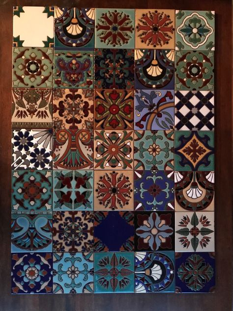 Colourful Maximalism, Pretty Tiles, Painted Tiles, Mixed Patterns, Colourful Tile, Wax Resist, Hand Painted Tiles, Decorative Tiles, Terracotta Tiles