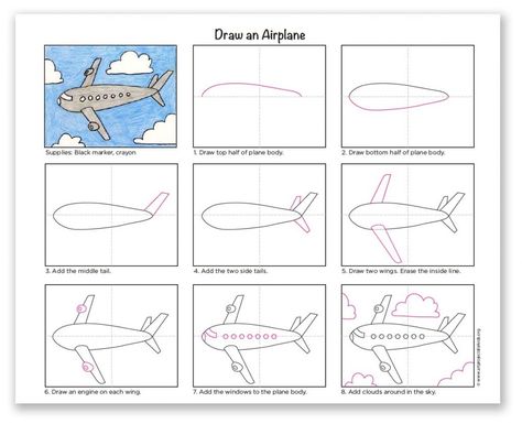 Airplane · Art Projects for Kids Diy Illustration, Plane Drawing, Airplane Coloring Pages, Airplane Kids, Cartoon Airplane, Airplane Drawing, Sketch Note, Clip Art Library, Directed Drawing