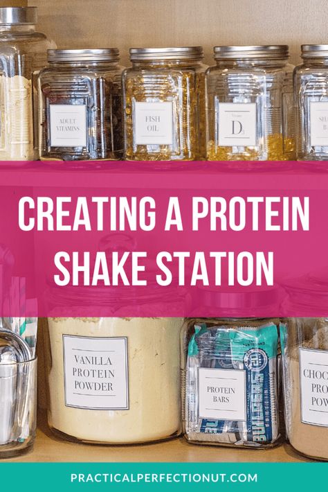 Create your own DIY Protein Shake Station so you don't have to waste time running all around the kitchen gathering your supplies. Having everything in one place makes things so much easier and faster! Protein Shake Station, Supplement Storage Ideas, Supplement Organization, Diy Protein Shake, Supplement Storage, Smoothie Station, Protein Powder Container, Shake Bar, Morning Protein Shake