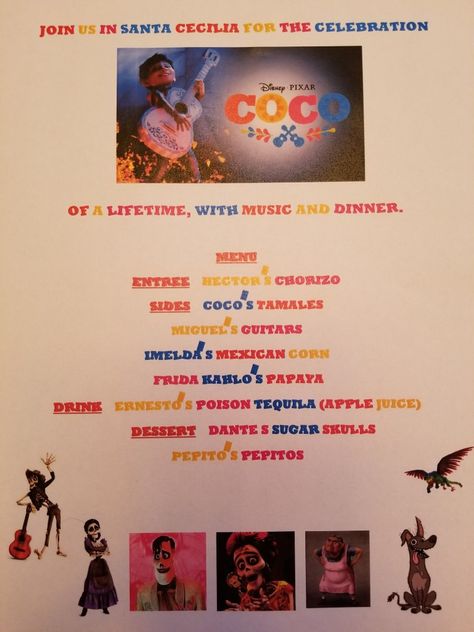 Disney Dinner Night  #121 - Coco Coco Movie Night, Family Movie Night Themes, Disney Movie Night Menu, Disney Themed Movie Night, Disney Movie Night Food, Disney Themed Food, Disney Movie Night Dinner, Coco Movie, Movie Night Dinner