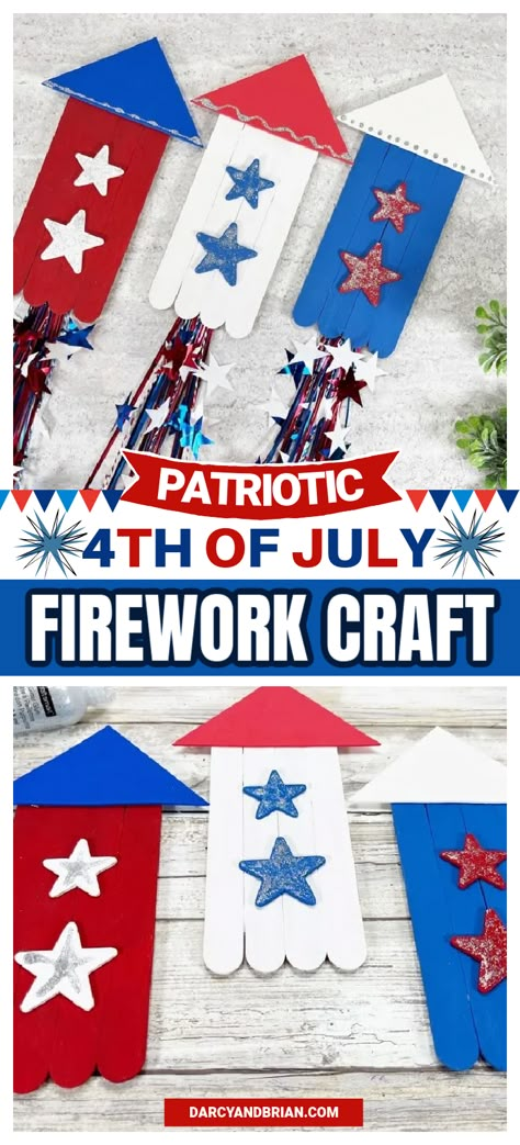 Do your kids love watching fireworks? Delight them with this fun popsicle stick firework rocket craft. It’s a fun project to work on with kids of all ages in anticipation of Independence Day. 4th Of July Crafts For Kids Popsicle Sticks, Backyard Crafts For Kids, July Arts And Crafts For Toddlers, 4th Of July School Age Activities, Party In The Usa Activities For Kids, Patriotic Stars Craft, Forth Of July Kids Crafts, 4th Of July Kid Activities, 4thof July Crafts