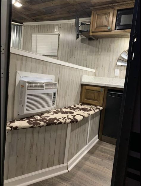 Remodeled Horse Trailers, Horse Trailer Ideas Diy, Remodeled Horse Trailer Interiors, Small Horse Trailer Interior Remodel, Weekender Horse Trailer Ideas, Horse Trailer Renovation Ideas, Horse Trailer Remodel Living Quarters, Trailer Interior Remodel, Horse Trailer Makeover