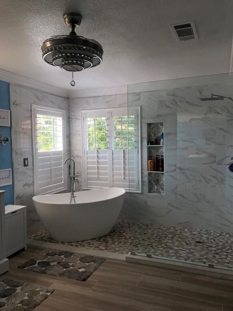 Showers And Tubs Side By Side, Master Bath Porcelain Tile, Toilet In Middle Of Bathroom, Wet Area Bathroom, Wet Room Master Bath, Master Ensuite Bathroom Luxury, Tub In Shower Area, Master Bath Wet Room, Florida Bathroom