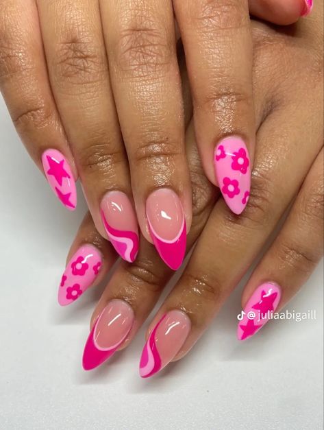 Nail Inspiration Colourful, Hot Pink Accent Nails, Fun Pink Nail Designs, Gel X Nail Designs Summer, Pink Funky Nails, Pink Pony Club Nails, Hot Pink Country Nails, Short Pink Nail Designs, Funky Pink Nails