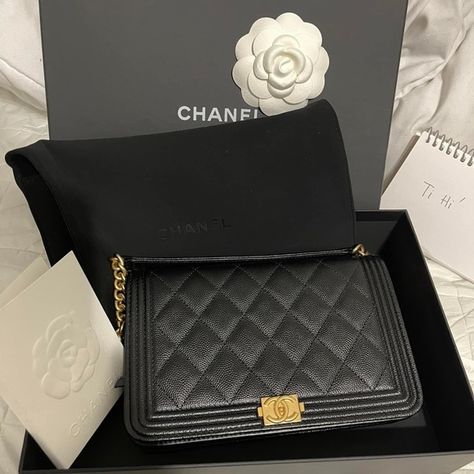 CHANEL Caviar Quilted Boy WOC Chanel Woc, Wallet On Chain, Chanel Caviar, Chanel Boy, Diamond Quilt, Brass Chain, Chanel Handbags, Shoulder Pads, Chain Link