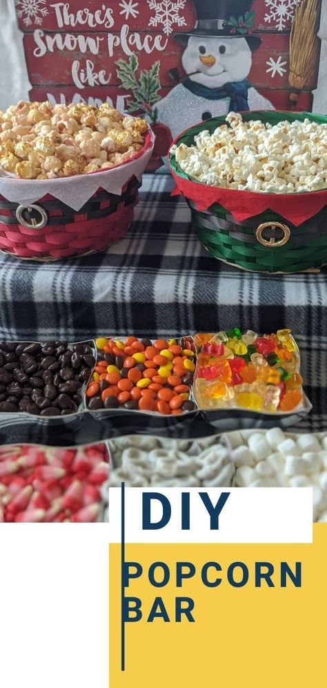 DIY popcorn bar ideas. Simple inexpensive popcorn bar for movie night and parties. Popcorn Bar Christmas, Christmas Popcorn Bar Ideas, Christmas Popcorn Bar, Popcorn Bar Ideas, Family Movie Night Ideas, Diy Popcorn Bar, Birthday Movie, Popcorn Toppings, Movie Night Ideas