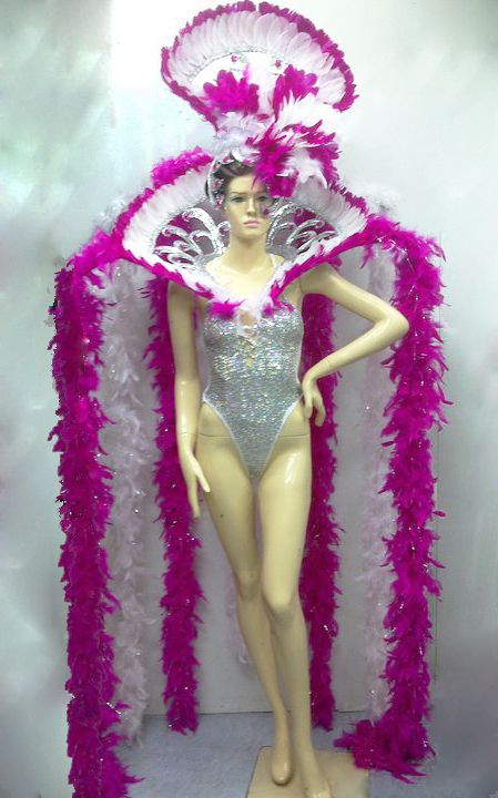 Shoulder dress with hanging boas Showgirl Headdress, Cabaret Costume, Pageant Costumes, Vegas Showgirl, Cabaret, Headdress, Dance Wear, Leotards, Shoulder Dress