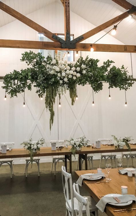 Floating Arbor Wedding, Flower Arrangements Hanging From Ceiling, Hanging Flower Arrangements Wedding, Dangling Flowers Wedding, Magic Wedding, Wedding Hanging Flowers, Hanging Floral Arrangements, White And Green Hanging Flowers Wedding, Flowers Hanging From Beams Wedding