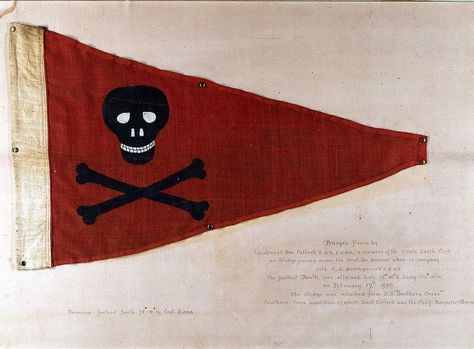 Burgee of the Pirate Yacht Club, Bridlington, used as a sledge flag by William Colbeck RNR on the Borchgrevink Antarctic Expedition 1898-1900, United Kingdom. Golden Age Of Piracy, National Maritime Museum, Nautical Flags, Pirate Flag, Pirate Woman, Maritime Museum, Vintage Nautical, Jolly Roger, Womens History Month