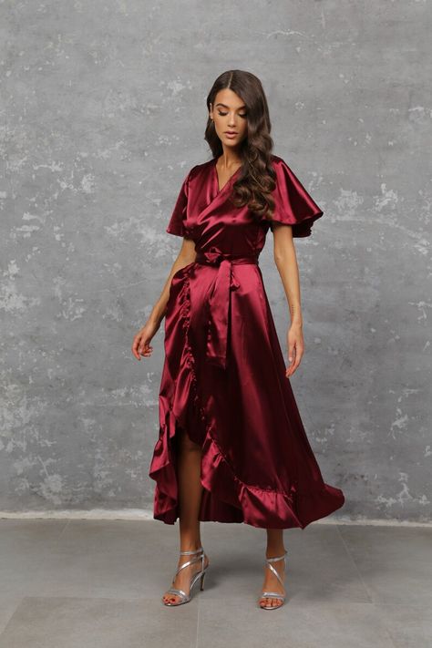 Asymmetrical Burgundy Satin Wrap Dress Flutter Sleeves Curved | Etsy Bosnia and Herzegovina Burgundy Wrap Dress, Bridesmaid Satin Dresses, Bridesmaid Satin, Beach Bridesmaid Dresses, Summer Bridesmaid Dresses, Wine Dress, Satin Wrap Dress, Dress Asymmetrical, Burgundy Bridesmaid Dresses