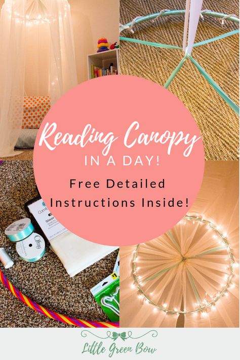 Looking for an easy reading canopy tutorial for your child's room? This reading canopy can be completed in an afternoon and costs less than $30. Simple to make, beautiful to look at, and a calm space for your child. What more could you want? Free detailed instructions inside! Reading Nook Canopy Diy, Diy Canopy Reading Nook, Diy Round Canopy, Canopy In Living Room, Diy Canopy Tent Bedroom, Diy Princess Bed Canopy, Diy Bed Canopy For Kids, Diy Bed Canopy Easy, Diy Reading Nook For Kids