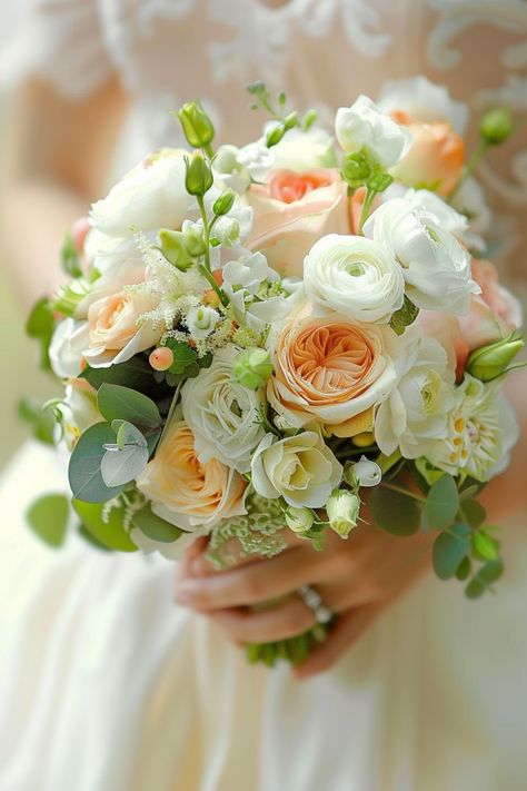 For every theme, explore 90+ stunning summer wedding bouquets. From traditional to modern styles, our list has something for everyone. Click to see the full list and get inspired for your big day! Peach Flower Bouquets, Peaches And Cream Wedding, Roses Floral Arrangements, Cream Wedding Bouquet, Peach Wedding Bouquet, Cascading Wedding Bouquets, Vibrant Bouquet, Summer Wedding Bouquets, Hydrangea Colors