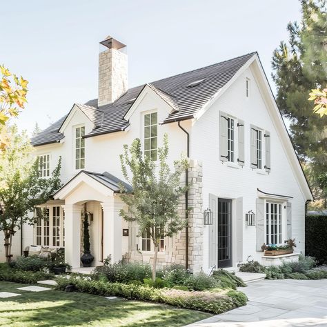 Alma Homes | You’re building a home: which exterior are you choosing?! 1, 2, or 3? While we still love white exteriors, we have been loving warmer… | Instagram Transitional Farmhouse Exterior, Cottage Style Homes Exterior, White Picket Fence Ideas, Alma Homes, Modern Farmhouse Paint Colors, Modern Cottage Style, French Country Exterior, Boho Beach House, White Exterior Houses