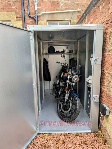 This is a great example of a customer making his unit is own Motorcycle Shed, Royal Enfield Super Meteor 650, Motorbike Shed, Super Meteor 650, Motorcycle Storage Shed, Motorcycle Storage, Bicycle Storage, Storage Sheds, Indoor Bike