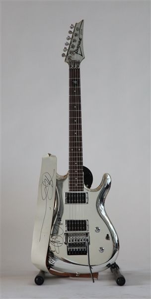 Lot Detail - Joe Satriani Owned, Stage Played & Signed Signature Ibanez JS1 “Chrome Boy” Guitar Boy Guitar, Music Production Equipment, Famous Guitarists, Esp Guitars, Homemade Instruments, Famous Guitars, Joe Satriani, Instruments Art, Ibanez Guitars