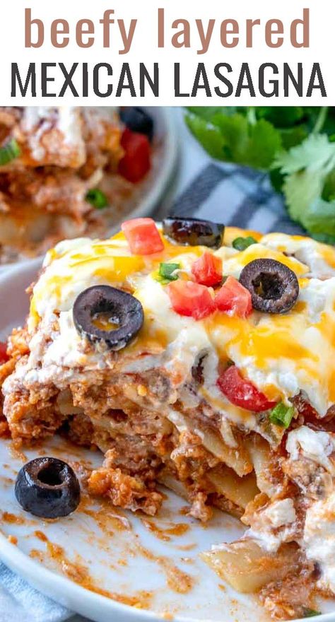 Mexican Lasagna Recipe with Noodles and Beef - Tastes of Lizzy T Lasagna Recipe With Noodles, Mexican Lasagna Recipe With Noodles, Recipe With Noodles, Mexican Lasagna Recipe, Taco Lasagna Recipe, Pasta Beef, Mexican Lasagna Recipes, Lasagna Recipe With Ricotta, Taco Lasagna