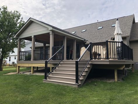 timbertech porch builders Addition With Deck On Top, Add Covered Deck To House, Back Deck Covered Porch, Low Pitch Roof Porch Addition, Large Deck With Screened In Porch, Covered Deck Designs Porch Addition, Covered Deck Extension Ideas, Add Screened In Porch To Deck, Half Covered Half Open Deck