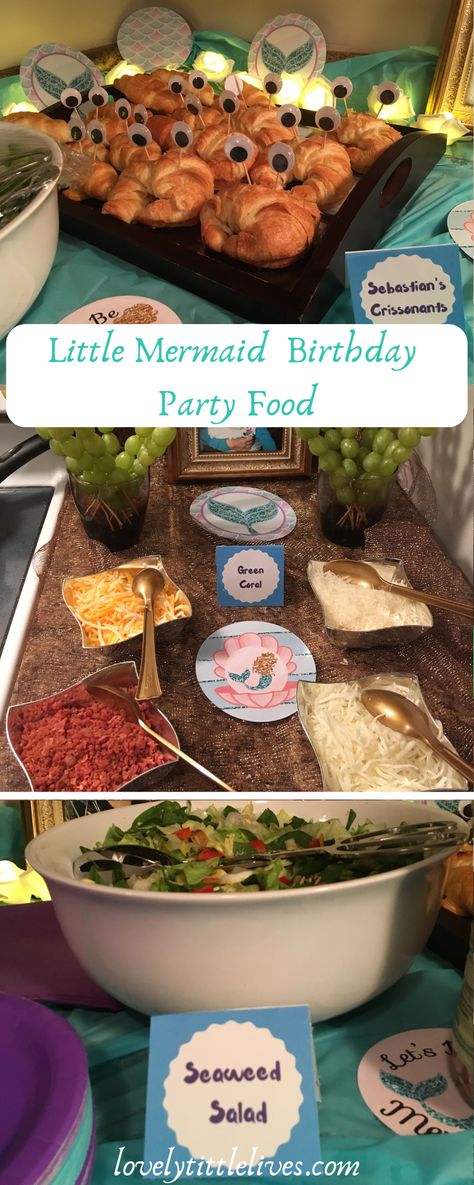 Mermaid Theme Birthday Food Ideas, Food For A Mermaid Birthday Party, Mermaid Themed Dinner, Mermaid Party Side Dishes, Food For Mermaid Party, Mermaid Brunch, Mermaid Inspired Food, Ariel Birthday Party Food, Mermaid Birthday Party Food Snacks