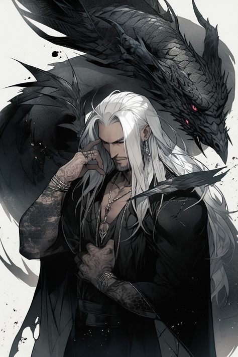 Silver Dragon Human Form, Anime Guys Shirtless, Black Anime Characters, Fantasy Male, Fantasy Dragon, Amazing Art Painting, Character Creation, Dnd Characters, Handsome Anime Guys