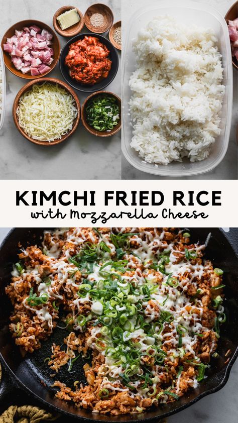 Ingredients for cheesy kimchi fried rice Cheesy Kimchi Fried Rice, Korean Rice Recipes, Kimchi Bokkeumbap, Spicy Kimchi, Fusion Dishes, Kimchi Fried Rice, Leftover Rice, Korean Dishes, Fast Easy Meals