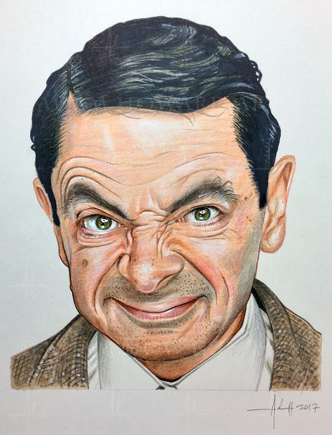 Mr Bean Painting, Celebrity Caricatures Sketch, Mr Bean Drawing, Bean Painting, Bean Illustration, Pencil Colour Drawing, Illustration Portraits, Rowan Atkinson, Colour Drawing