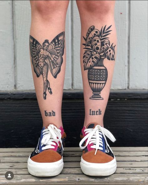 Traditional Tattoo Vase, Vans Tattoo, Old School Tattoos, Shin Tattoo, Traditional Tattoo Sleeve, Leg Sleeve Tattoo, Traditional Tattoo Art, Knee Tattoo, Leg Tattoo