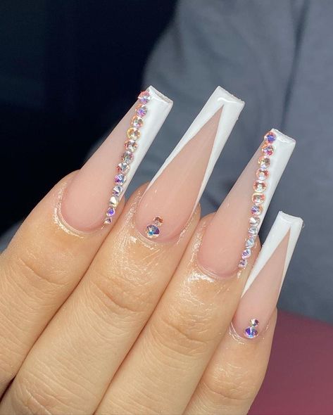 Press On Nails White, French Coffin, Long Fake Nails, Acrylic Nails Nude, Purple Acrylic Nails, Red Acrylic Nails, Long Acrylic Nail Designs, Nails Design With Rhinestones, French Tip Acrylic Nails