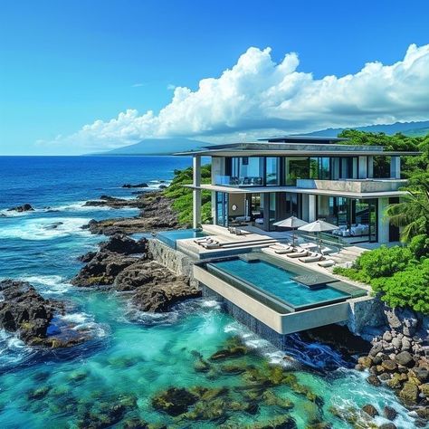 Beach House Pool Ocean Views, Hawaii Mansion, Beachfront Mansion, Luxurious Mansions, Blue Beach House, Houses By The Beach, Property Business, Home With Pool, Beach Mansion