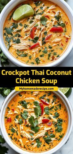 This Thai coconut chicken soup is creamy, flavorful, and made easily in the Crockpot with coconut milk, chicken, and Thai spices. Ingredients: 2 cups shredded chicken 4 cups chicken broth 1 can coconut milk 1 tbsp red curry paste 1 cup sliced mushrooms Serve this soup garnished with fresh cilantro and lime wedges Healthy Thai Coconut Soup, One Pot Thai Coconut Curry Turkey Soup, Coconut Curry Broccoli Soup, Chicken Stew Coconut Milk, Keto Thai Chicken Soup, Asian Coconut Soup, Crockpot Indian Chicken Recipes, Healthy Dinner Recipes Coconut Milk, Chicken Curry Stew Coconut Milk