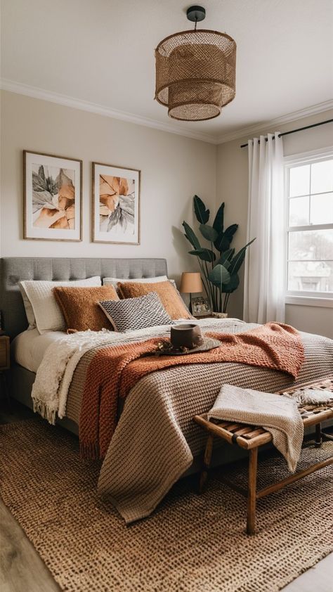 Cozy Fall Bedroom, Warm Bedroom, Fall Bedroom, Stil Boho, Bedroom Refresh, Modern Minimalism, Master Bedrooms Decor, Rustic Bedroom, Cozy Home