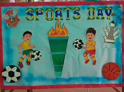 Sports Day Poster School, Sports Day Board Decoration, Sports Bulletin Boards, Sports Day Decoration, Sports Day Poster, Kids Playing Sports, Board Decoration Ideas, Earth Day Drawing, Sports Theme Classroom