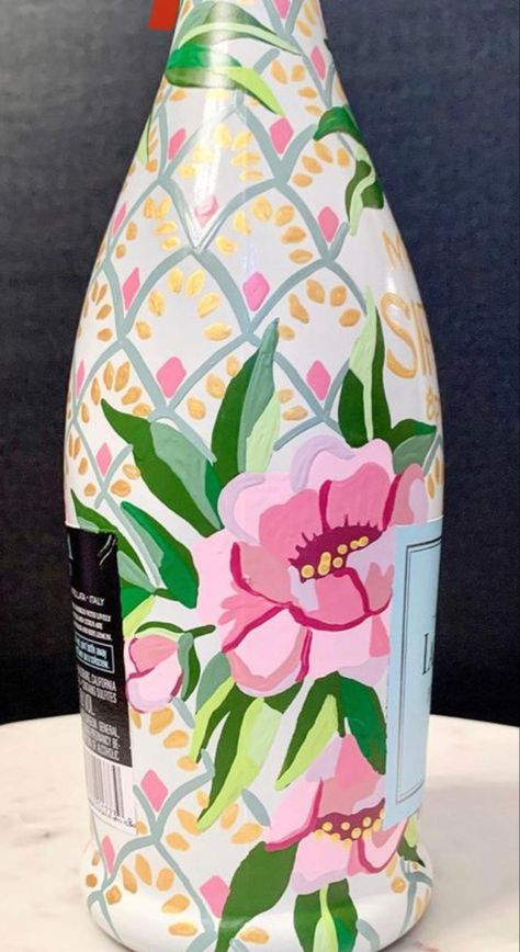 Prosecco Painting, Painted Champagne Bottle, Custom Champagne Bottle, Pineapple Gifts, Hand Painted Wine Bottles, Painted Bottles, Hand Painted Bottles, Painted Bottle, Folk Art Flowers