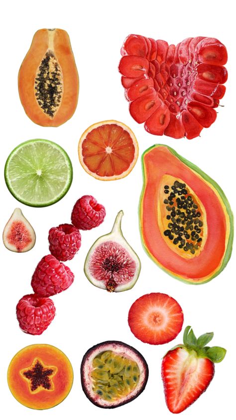 Fruit To Draw, Tropical Fruit Aesthetic, Fruit Aesthetic Art, Fruit Journal, Fruit Drawings, Fruits Stickers, Iphone Wallpaper Ideas, Fruit Collage, Fruity Design