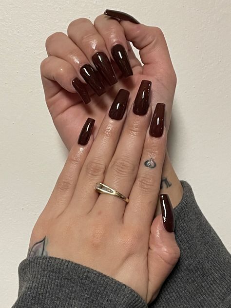 Brown tapered square gel x nails Chocolate Square Nails, Chocolate Acrylic Nails Coffin, Chocolate Nails Acrylic, Chocolate Brown Square Nails, Deep Brown Nails, Chocolate Brown Nails Acrylic, Chocolate Gel Nails, Brown And Silver Nails, Nails Ballerina Medium