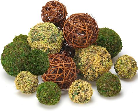 18pcs Fake Moss Balls + Wicker Rattan Balls Set Enchanted Prom, Moss Table Runner, Fake Moss, Rustic Family Room, Calm Room, Garden Wedding Party, Woodland Christmas Tree, Home Garden Wedding, Faux Moss