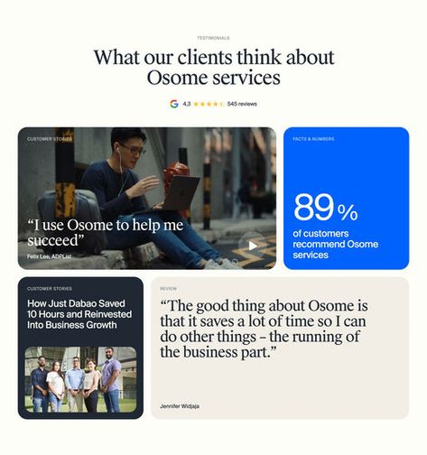 Testimonial Section Design from Osome. Build trust and credibility with social proof. Testimonial Page Design Website, Social Proof Design, About Section Web Design, Website Testimonial Design, Testimonial Page Design, Client Testimonials Design, Testimonial Design Layout, Customer Testimonial Design, Testimonial Graphic