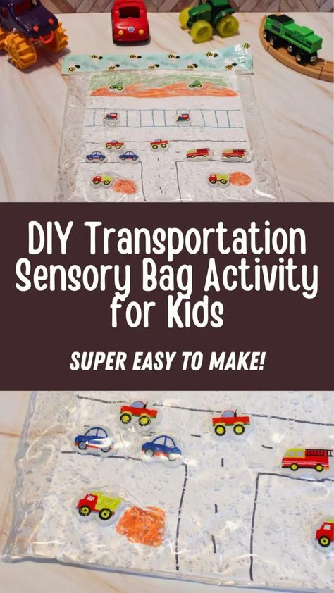 DIY Transportation Sensory Bag Activity for Kids Things That Go Activities For Toddlers, Diy I Spy Bag, Transportation Social Emotional, Transport Activities For Babies, Transportation Sensory Bin Preschool, Transportation Activities For Infants, Vehicle Crafts For Kids, Transportation Activities For Kindergarten, Transport Activity For Kids